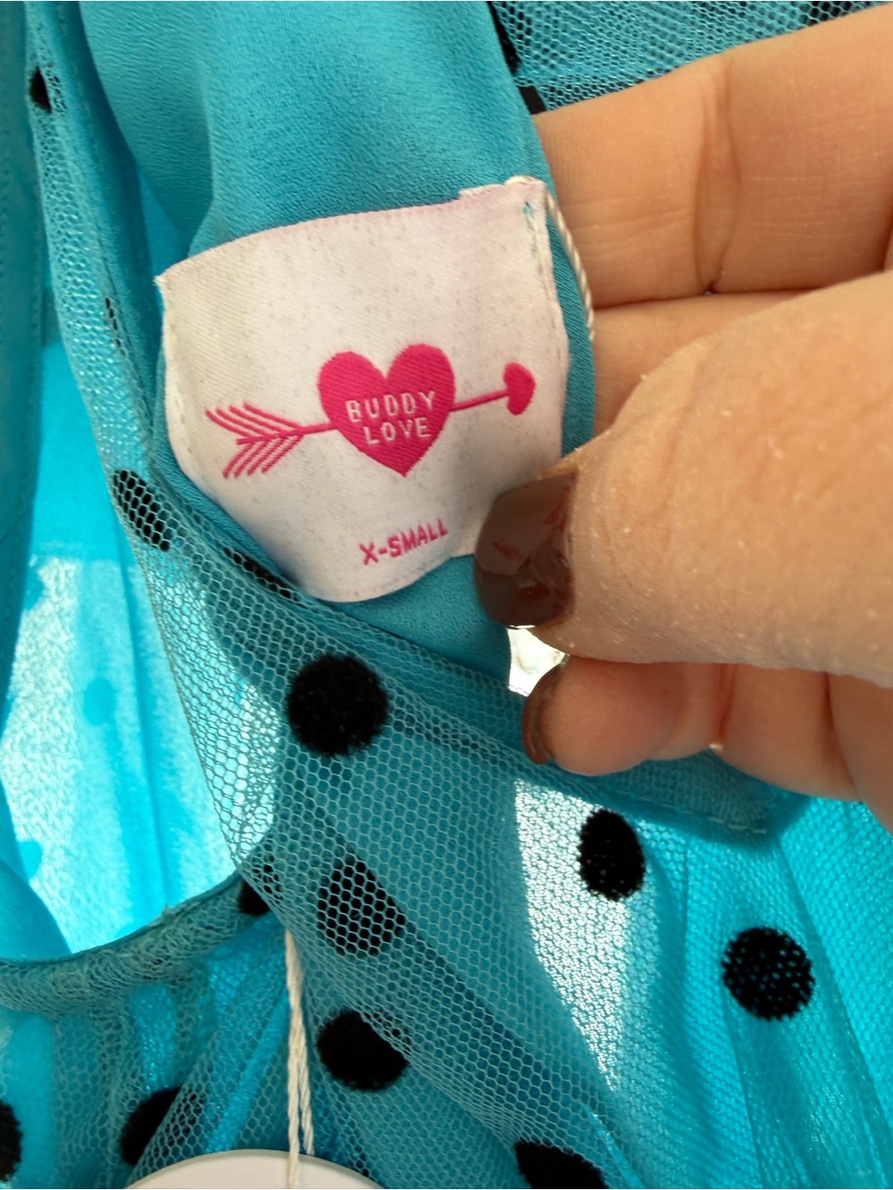Teal Blue Polka Dot Tulle Party Dress with Black Dots - Picture 5 of 8